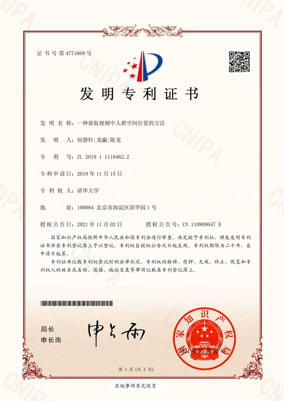 发明专利：视频人群位置证书 2021