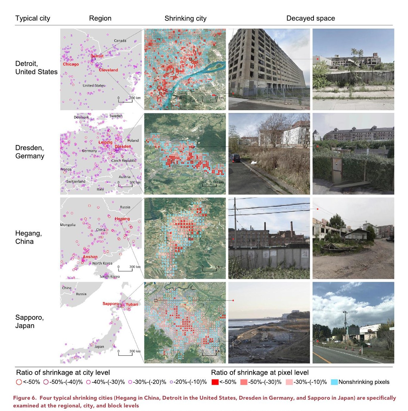 Satellite monitoring of shrinking cities on the globe and containment solutions