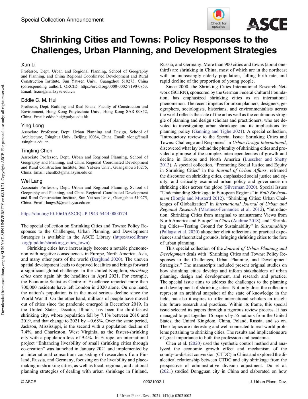 Shrinking Cities and Towns: Policy Responses to the Challenges, Urban Planning, and Development Strategies
