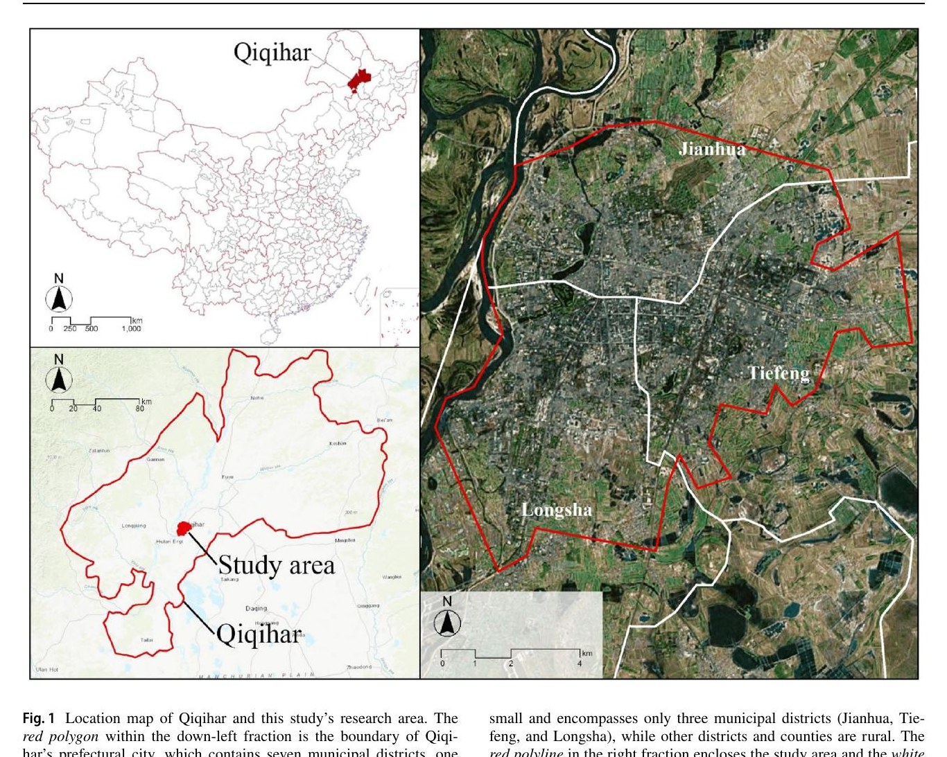 Map of Qiqihar and the study area used in the street-view research