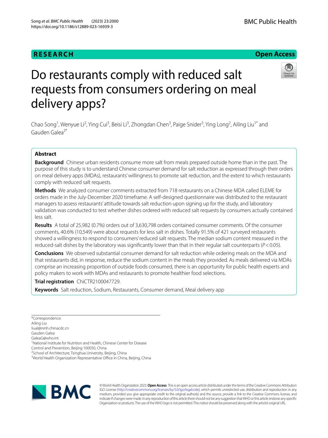 Do restaurants comply with reduced salt requests from consumers ordering on meal delivery apps?