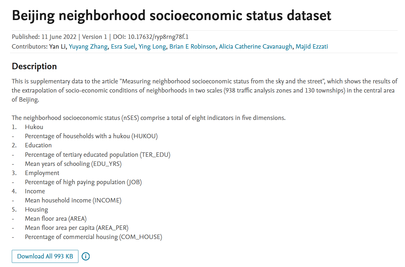 Beijing Neighborhood Socioeconomic Status Dataset